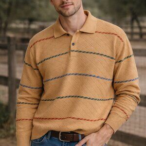 Pierre Cardin Paris size Large Orange Sweater with Multicolor Stripes wool blend